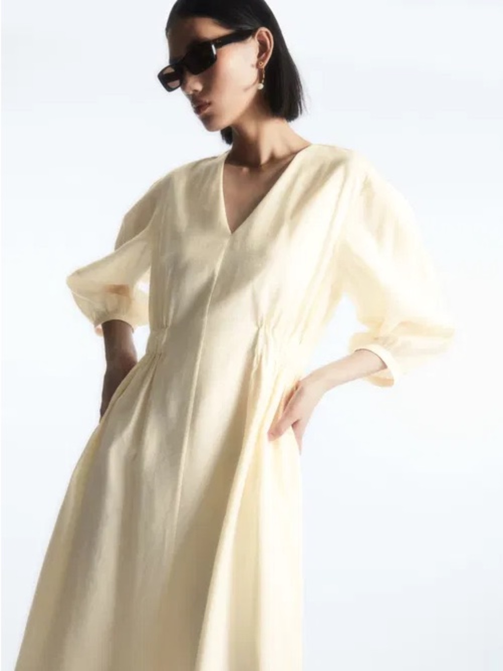 COS Voluminous V-Neck Puff Sleeve Midi Dress 4 NWT Pale Cream